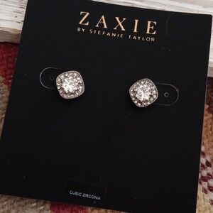 ZAXIE by Stefanie Taylor sparkly Cushion Cut CZ Stud Earrings Halo Silvertone
